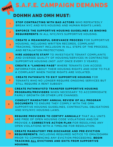 NYC_SHOUT's tweet image. SHOUT's S.A.F.E Campaign makes demands of government agencies as well as supportive housing providers. 

We demand fundamental reforms to supportive housing in NYC, and accountability to applicants and tenants.
