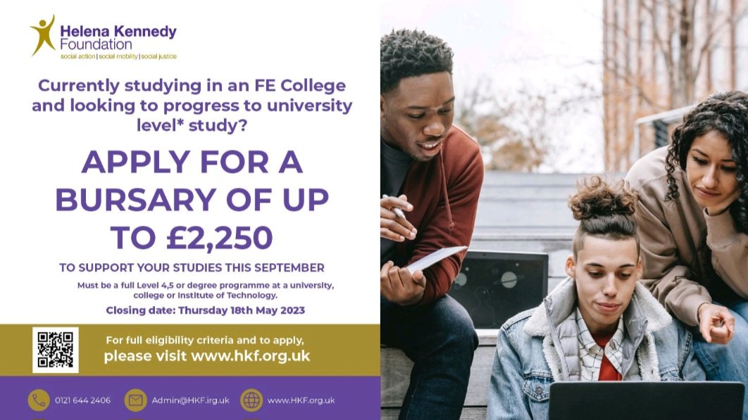 TheHKF's tweet photo. Applications for our FE 2023 bursary scheme close 4pm on 18th May 2023!
Details on how to apply: https://t.co/LKtPVfoyah
#helenakennedyfoundation #universitybursary #ukcharity #educationbursary #transforminglives #hkf #CostOfLiving #JoyFe #MHHsbd #FEVoices #HKF #BeCom https://t.co/vNx5UE7dn1