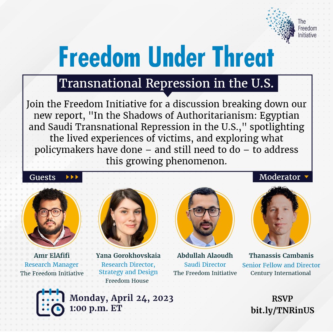thefreedomi's tweet photo. 📢 MONDAY: Join us at 1 pm ET for a panel moderated by @tcambanis &amp; featuring @AmrElafifi, @gorokhovskaia &amp; @aalodah.

We'll discuss @thefreedomi's new report, which documents #Egypt &amp; #SaudiArabia's #transnationalrepression on US soil.

⚡️ Register here: https://t.co/npnCTa3ZLG https://t.co/eaLeER6ylR