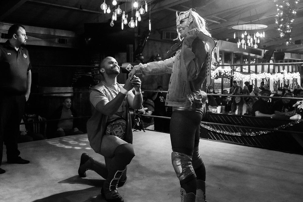 ZeloWrestling's tweet photo. Where it all began 💚 Happy Wedding Day @GPAthinks + @LaynieLuck 💍 

📸: @cameraguygimmik https://t.co/liMv1oNP6S