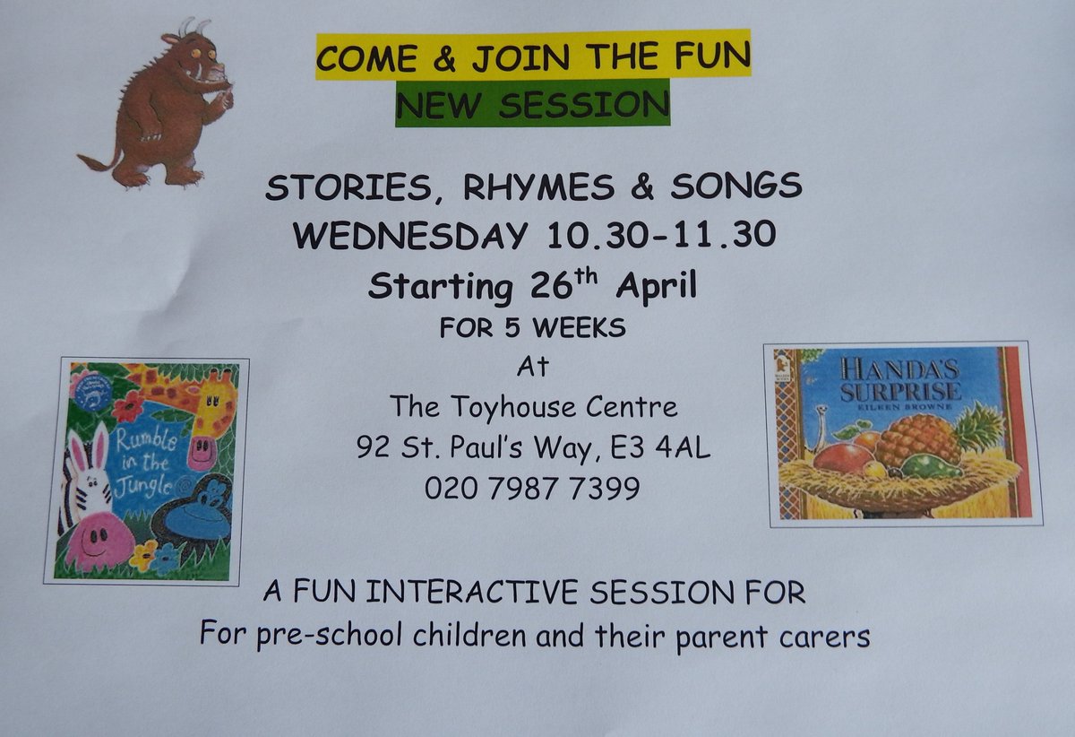 ToyhouseLondon's tweet photo. New session starting at the Toyhouse Centre next Wednesday 26th April 10.30-11.30
Join Tugela for an hour of Stories, Songs &amp; Rhymes.  No need to book, just come along.  For more information email:  info@toyhouse.org.uk or give us a call https://t.co/aZV6rgCLjl