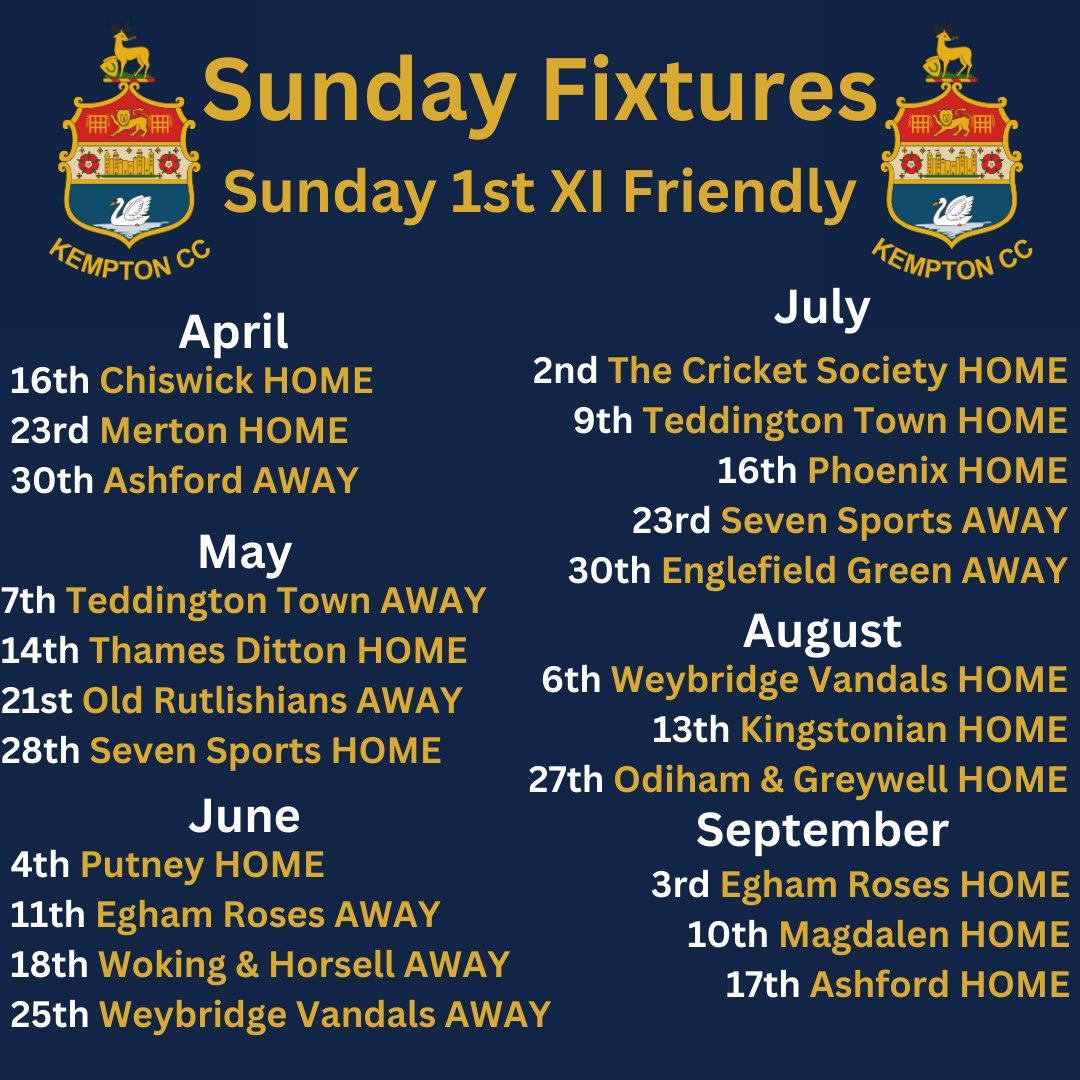 KemptonCC2003's tweet photo. Sunday 1st XI Friendly Team Fixtures https://t.co/X9PIyQc30A