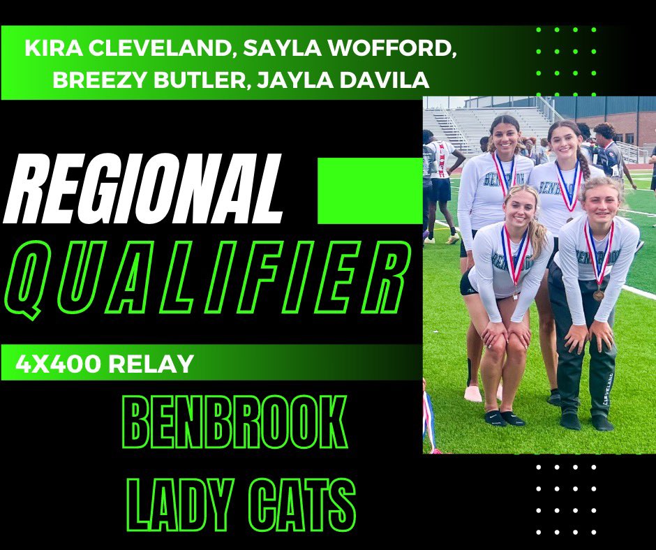 Lady Cats moving on to Regionals:
4x400 Relay - Kira Cleveland, Sayla Wofford, Breezy Butler, Jayla Davila
<a href="/BenbrookBobcats/">Bobcat Athletics</a> <a href="/BenbrookMHS/">Benbrook Middle-High</a> <a href="/FWISDAthletics/">FWISD Athletics</a> <a href="/AD_DrLisa/">Lisa L Langston, PhD</a> <a href="/CoachAtlas1/">Amanda Cofer</a>