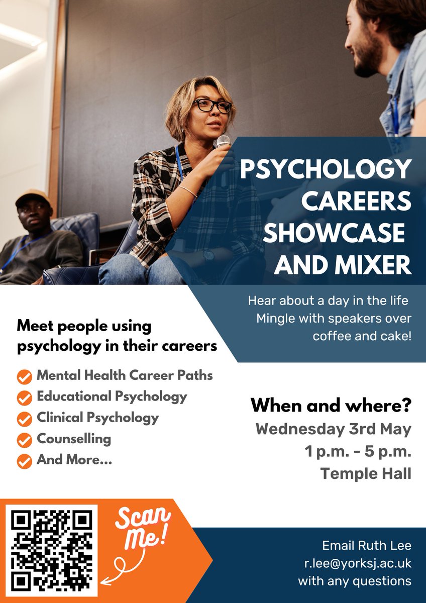 YSJPsych's tweet image. Psychology undergrad, postgrad, PhD? Hear about a day in the life of counselling, clinical, educational psychologists and more, direct from the professionals! With cakes and drinks!! 

Psychology Career Showcase, 3rd May 1-5 p.m, Temple Hall
