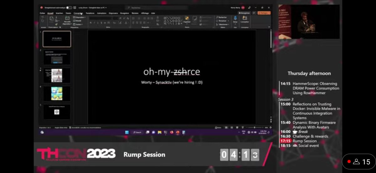 Finally, <a href="/_Worty/">Worty</a> presented a nice trick to get code execution in zsh with a malicious .git/config file during #THCon rump session