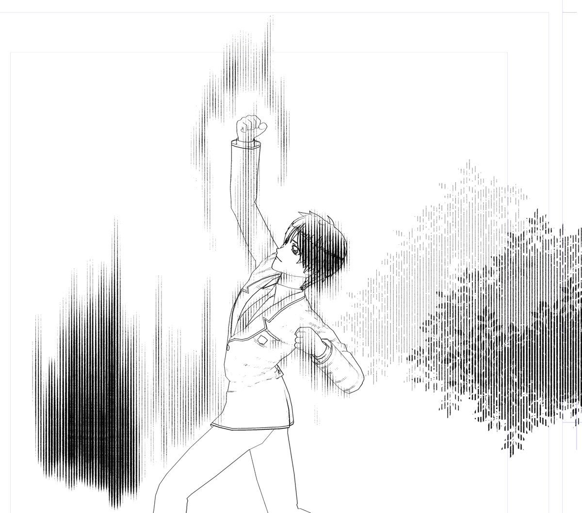 色々遊んでみてますが、塗りで線を出すと今度は塗りムラ問題が出てきますね…w ベタスピード線も描くの大変なので、塗りで出せないかテスト。