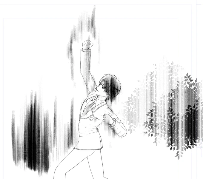 色々遊んでみてますが、塗りで線を出すと今度は塗りムラ問題が出てきますね…w ベタスピード線も描くの大変なので、塗りで出せないかテスト。