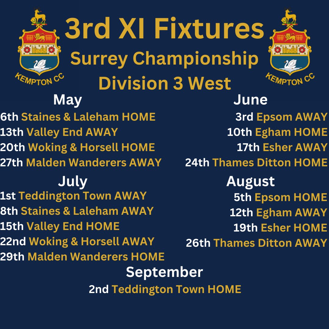 KemptonCC2003's tweet photo. 3rd XI Fixtures https://t.co/RzGUKqtTWW