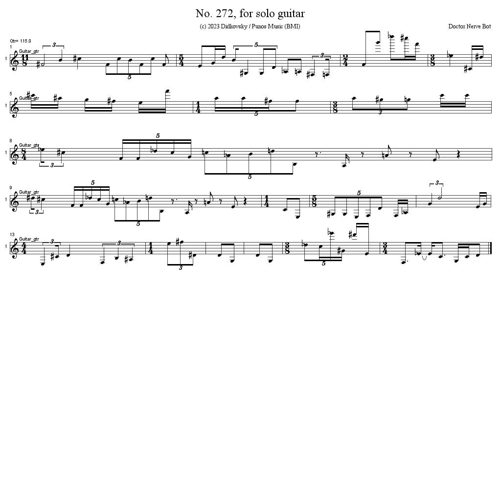 BotNerve's tweet photo. No. 272, for solo guitar, page 1/1, (c) 2023 Didkovsky / Punos Music (BMI). Created 2023-04-20_11:32:50 by @DoctorNerve and @BotNerve #Guitar #ProcessMusic #MusicBot #ComputerGeneratedComposition https://t.co/PGefjvJ8JI