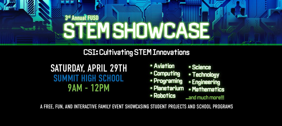 Excited for the upcoming STEM Showcase. Please come visit <a href="/SummitSkyHawks/">Summit High School</a> and experience some of the STEM programs offered by <a href="/FontanaUnified/">Fontana Unified</a> April 29th 9am to 12 pm.
