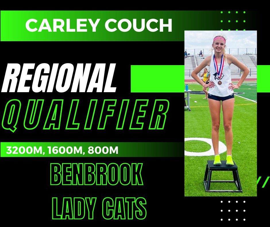 Lady Cats moving on to Regionals:
Carley Couch - 3200, 1600, 800 
<a href="/BenbrookBobcats/">Bobcat Athletics</a> <a href="/BenbrookMHS/">Benbrook Middle-High</a> <a href="/FWISDAthletics/">FWISD Athletics</a> <a href="/AD_DrLisa/">Lisa L Langston, PhD</a> <a href="/CoachAtlas1/">Amanda Cofer</a>