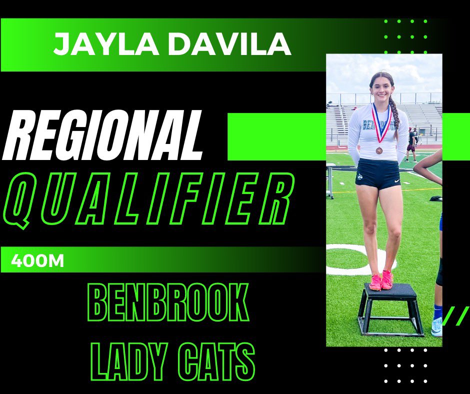 Lady Cats moving on to Regionals:
Jayla Davila - 400
<a href="/BenbrookBobcats/">Bobcat Athletics</a> <a href="/BenbrookMHS/">Benbrook Middle-High</a> <a href="/FWISDAthletics/">FWISD Athletics</a> <a href="/AD_DrLisa/">Lisa L Langston, PhD</a> <a href="/CoachAtlas1/">Amanda Cofer</a>