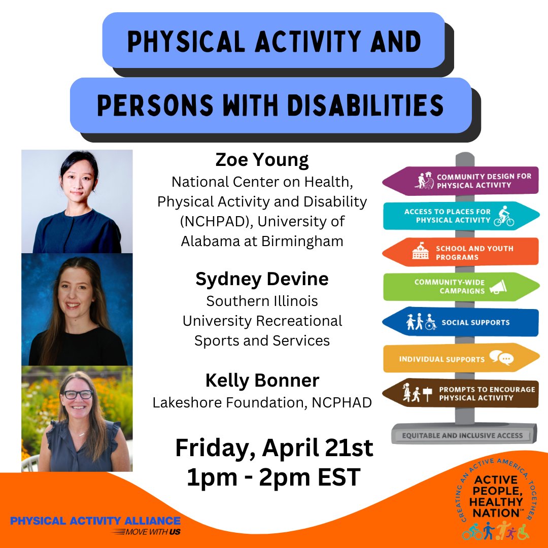 TOMORROW (4/21): Join the PAA &amp; <a href="/CDC_DNPAO/">CDC DNPAO</a>'s webinar on #PhysicalActivity + #Disability at 1PM EST!

Speakers from <a href="/NCHPAD/">NCHPAD</a>, <a href="/LakeshoreFound/">Lakeshore Foundation</a>, &amp; <a href="/SIUC/">SIU Carbondale</a> will share their research &amp; experience supporting authentically #inclusive PA

#ActivePeople #MoveWithUS heart.zoom.us/webinar/regist…