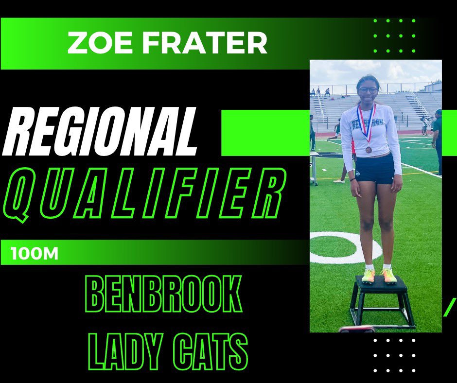Lady Cats moving on to Regionals:
Zoe Frater - 100
<a href="/BenbrookBobcats/">Bobcat Athletics</a> <a href="/BenbrookMHS/">Benbrook Middle-High</a> <a href="/FWISDAthletics/">FWISD Athletics</a> <a href="/AD_DrLisa/">Lisa L Langston, PhD</a> <a href="/CoachAtlas1/">Amanda Cofer</a>