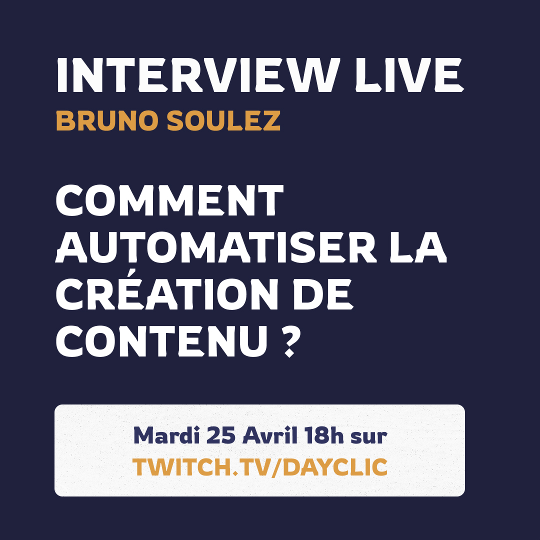 La création de contenu.. ça prend du temps... sauf si on automatise notre workflow #nocode

C'est le sujet de notre prochaine interview avec <a href="/bibear/">Bruno</a>, CIO de l'agence <a href="/cosavostra/">CosaVostra</a> 

📅 RDV ce Mardi 25/04 à 18h en live sur notre chaine Twitch (en replay sur notre chaîne YouTube)