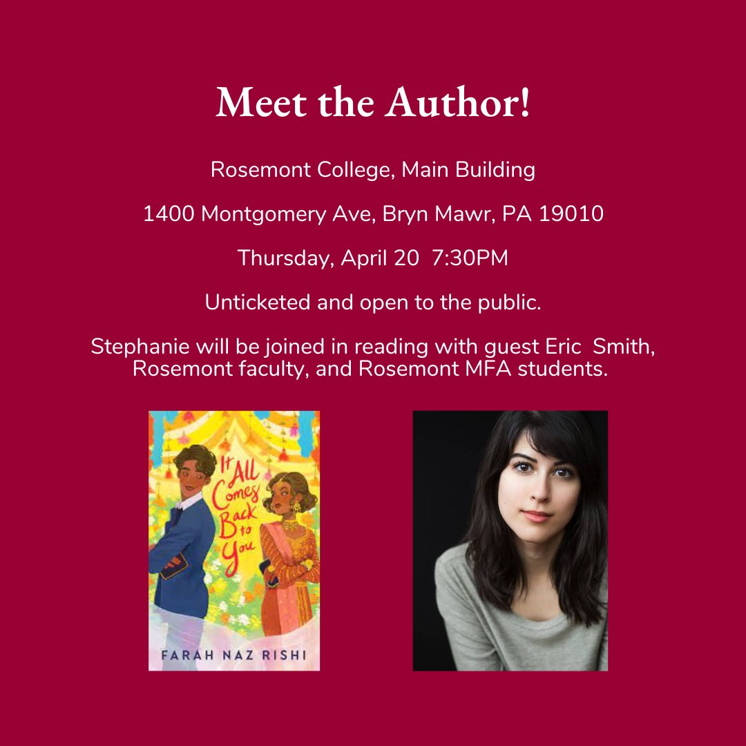 Rosemont_MFA's tweet photo. Double trouble — we have two guests for tonight! Meet Farah Nan Rishi on campus tonight at 7:30 to hear her read from her YA novels.
#writing #reading #amwriting #WritingCommunity #localauthor #phillyauthor #publicreading #freeevent https://t.co/m3tG93Revy
