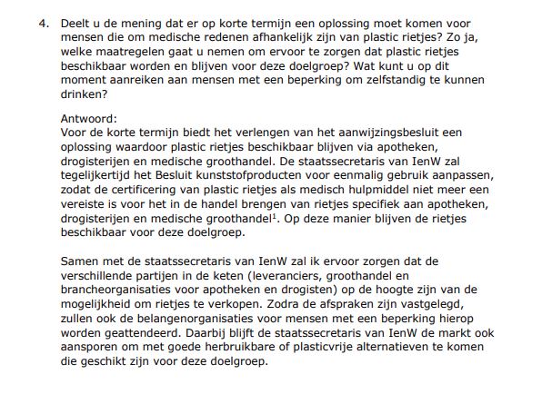 Antwoorden op Kamervragen over verkrijgbaarheid van plastic rietjes voor medisch gebruik
Minister Helder (Langdurige Zorg en Sport) geeft antwoord op vragen over de verkrijgbaarheid van plastic rietjes voor medisch gebruik. rijksoverheid.nl/documenten/kam…