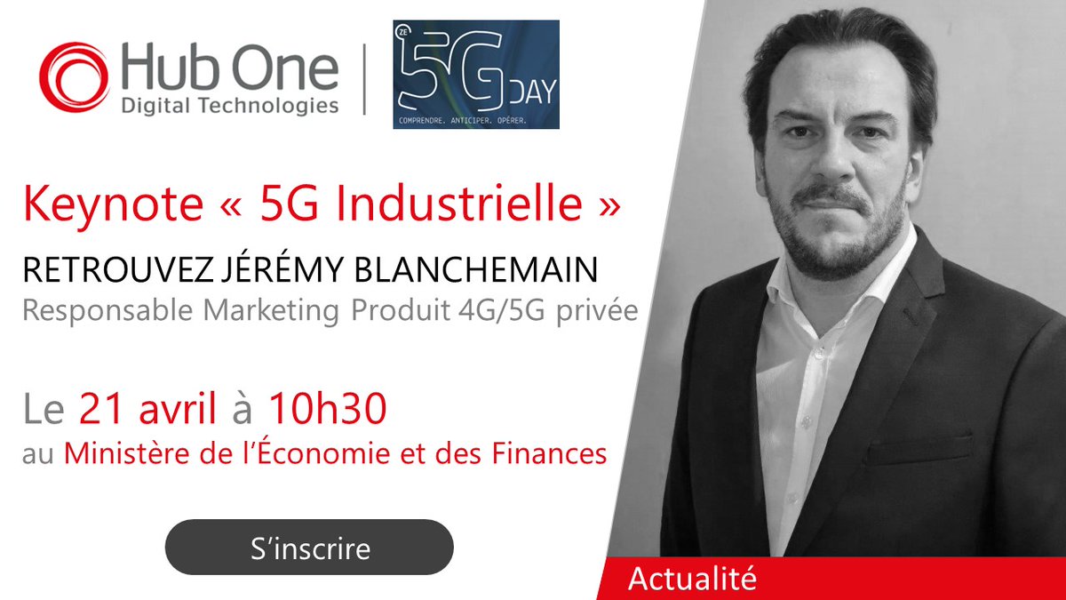 Hub_One's tweet photo. ÉVÉNEMENT 📢
📅Vendredi 21 avril
📍 ministère de l'économie et des finances
Retrouvez Jérémy BLANCHEMAIN, Responsable Marketing Produit 4G/5G privée, au ZE5GDAY pour une une journée BtoB de conférences et démonstrations sur l'impact de la #5G.
➡️ https://t.co/Z2qb6BOcwo https://t.co/WcUAkexHcH