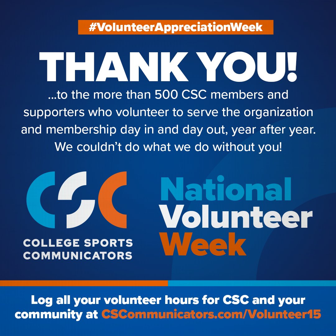 CollSportsComm's tweet photo. 1/2 As #NationalVolunteerWeek continues, CSC leaders thank our hundreds and hundreds of active member volunteers who serve in governance roles and committee roles. We are #membercentric and could not do what we do without you! #Volunteer15 https://t.co/UXPTbr1nWm