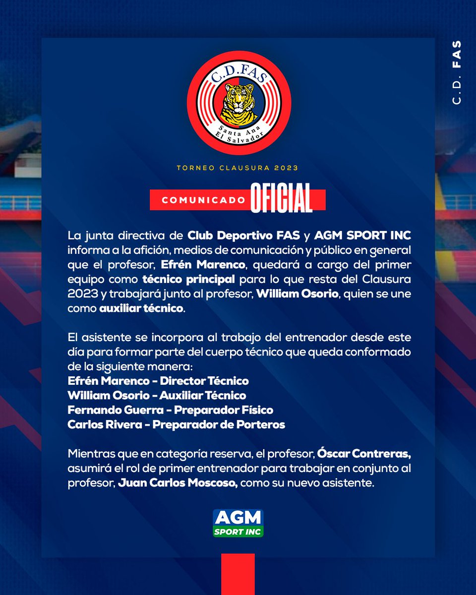 CDeportivoFAS's tweet photo. 🚨📝 COMUNICADO OFICIAL: 

Cuerpo Técnico Clausura 2023 👨‍🏫 https://t.co/QzvKHAmeJB
