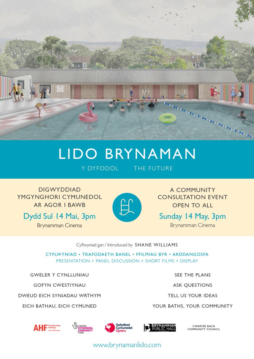We're holding a community consultation of the lido plans at Brynaman cinema on Sunday 14th May at 3pm. All are welcome please come along and share your ideas.