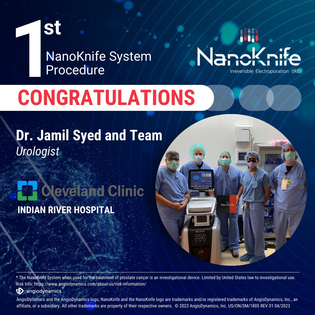 Congratulations to <a href="/Uro_Jam/">Jamil Syed</a> and his team at the <a href="/CCIndianRiver/">Cleveland Clinic Indian River Hospital</a> in Vero Beach, FL on completing their first procedure using the #NanoKnife System! Thank you for your passion and effort to expand treatment options for your patients.

Risk Info: lnkd.in/gFNG_pA
#IRE