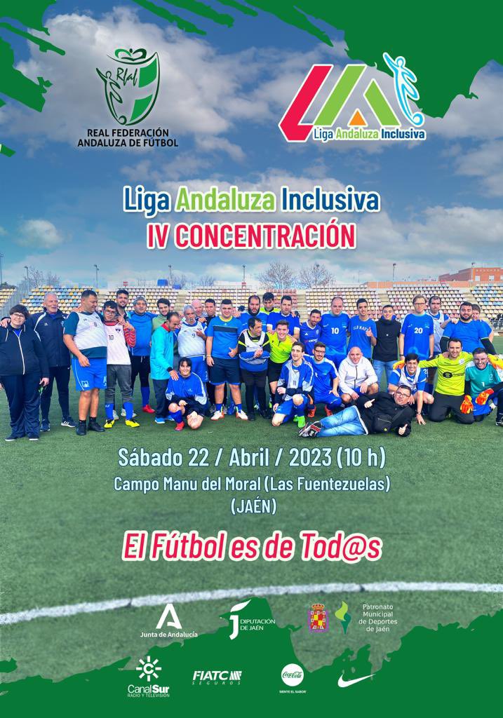 RFAF - Delegación de Jaén (@rfafjaen) on Twitter photo ✨ IV CONCENTRACIÓN LIGA ANDALUZA INCLUSIVA
#ElFútbolEsDeTodos
🗓️Sábado 22/04/2023
⏰ 10 horas
📍Campo Manu del Moral (Las Fuentezuelas, Jaén)
Colaboran 🤝<a href="/dipujaen/">Diputación de Jaén</a> <a href="/AytoJaen/">Ayuntamiento de Jaén</a> <a href="/AndaluciaJunta/">Junta de Andalucía</a> ✨ IV CONCENTRACIÓN LIGA ANDALUZA INCLUSIVA
#ElFútbolEsDeTodos
🗓️Sábado 22/04/2023
⏰ 10 horas
📍Campo Manu del Moral (Las Fuentezuelas, Jaén)
Colaboran 🤝<a href="/dipujaen/">Diputación de Jaén</a> <a href="/AytoJaen/">Ayuntamiento de Jaén</a> <a href="/AndaluciaJunta/">Junta de Andalucía</a>