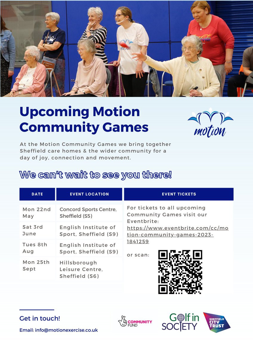 Here's our upcoming Motion Community Games dates! 

Tickets are live for our next one on May 22nd 🥳

Free tickets for care homes are going quick so get one whilst you can!

#sheffieldissuper #sheffieldevents #sheffieldcarehomes