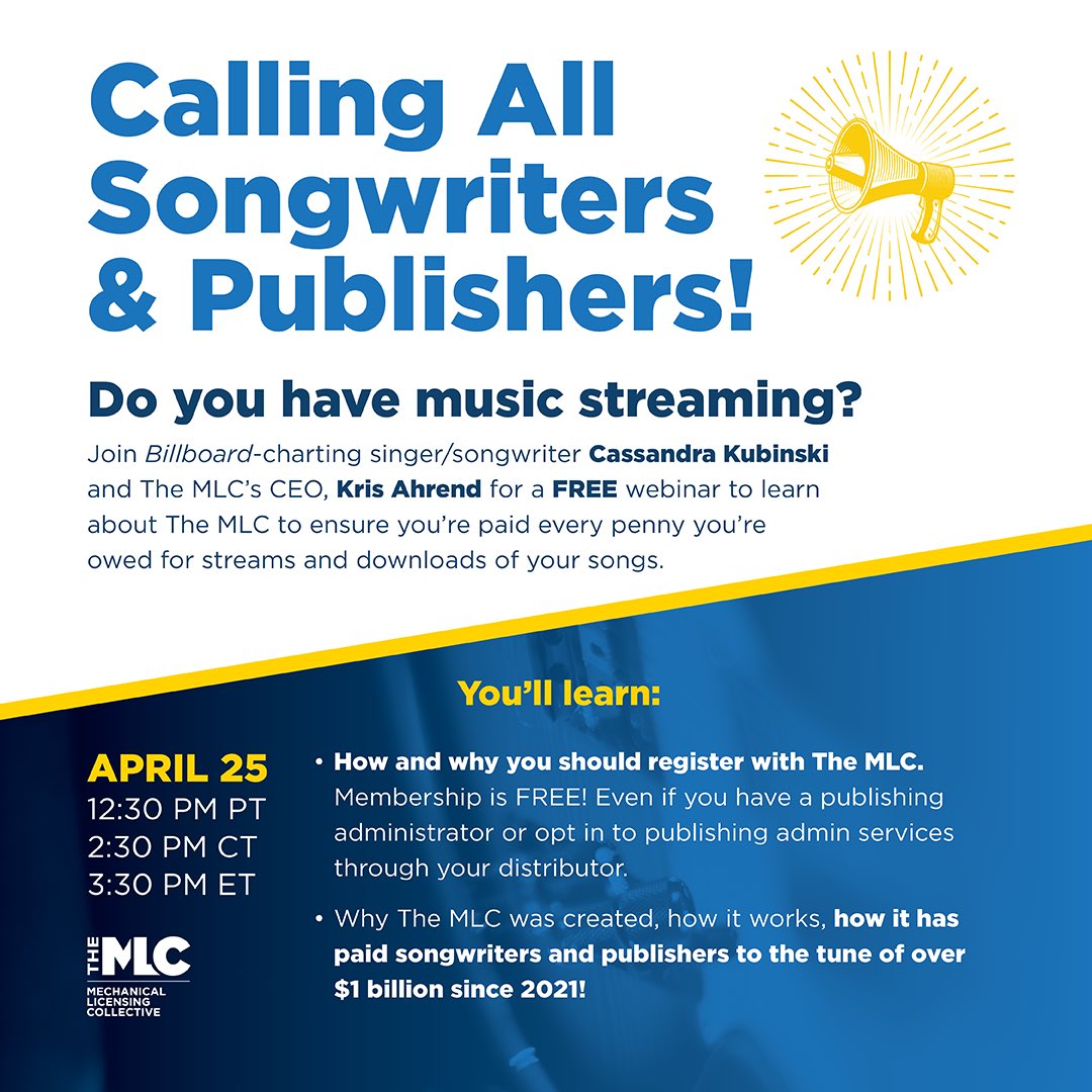 Collecting all of your streaming money? Join Billboard-charting singer/songwriter @CassandraKub and The MLC’s CEO, @KrisAhrend for a FREE webinar to learn about @MLC_US to ensure you’re paid every penny you’re owed for streams and downloads of your songs. bit.ly/MLCapr25th
