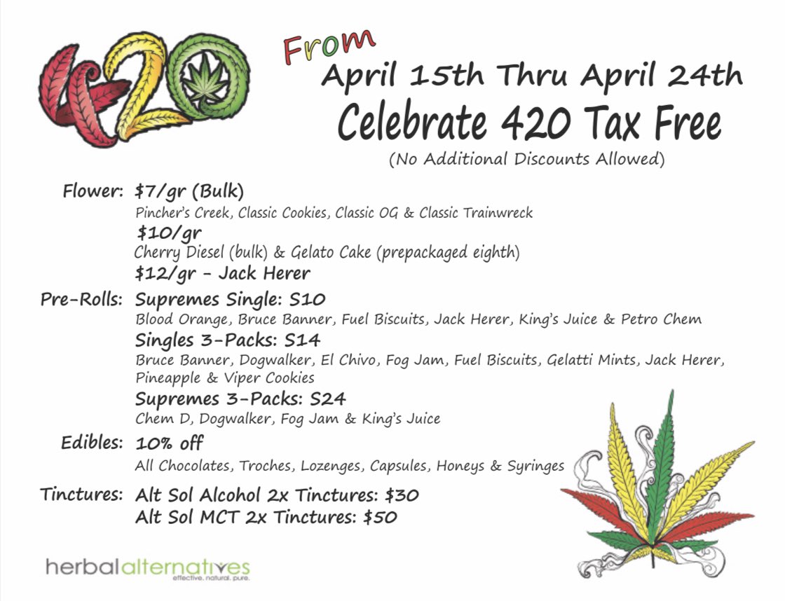 HerbalAltDC's tweet photo. HAPPY 420!! Come shop with us and enjoy the tax free holiday! 🥳😮‍💨 https://t.co/RlfSLfyXRz