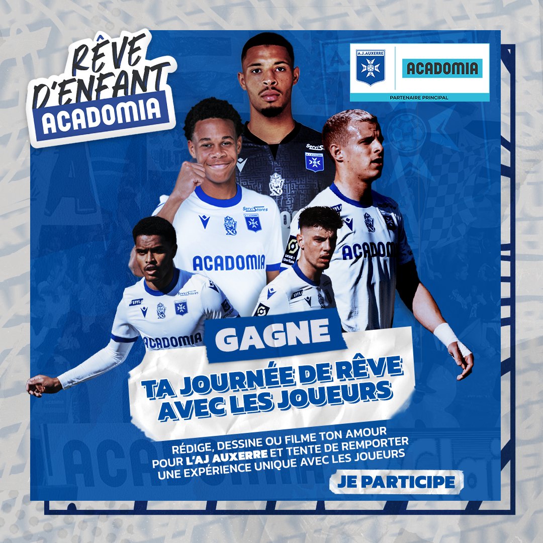 <a href="/acadomia/">Acadomia</a> et l'<a href="/AJA/">AJ Auxerre</a> s'associent pour offrir aux jeunes fans du club une journée exceptionnelle avec les joueurs pro ! ⚽
Le principe ? Témoigner de son amour pour le club à travers une création personnelle. 2 gagnants seront élus !
👉Info &amp; participation : bit.ly/3mJxbMR
