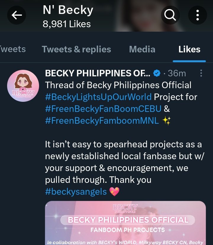 beccccckyyyy's tweet photo. Omg becky liked 🥹 it means she saw the fanproject for her. She's so appreciative. Small or big things are appreciated by our best girl. 😍

#beckysangels
#BeckyLightsUpOurWorld https://t.co/HkQv7wz19S