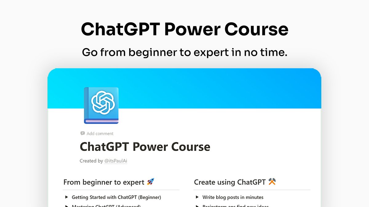ChatGPT is super powerful But most people don't use its full potential So I built the ChatGPT Power Course 25+ Chapters & 10 hours of video content w/ AI tools For the next 24 hours, it's FREE! To get it, just: 1. Follow me @itsPaulAi 2. Like this tweet 3. Reply 'GPT'