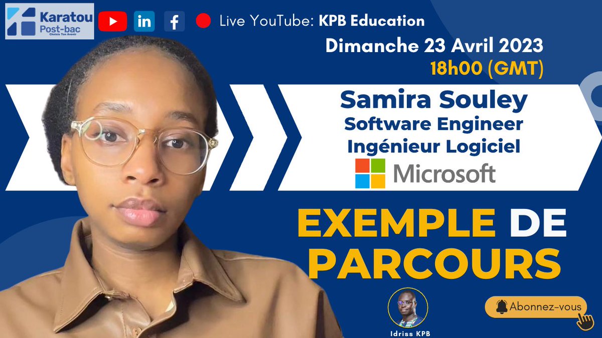 🚨🚀 Live Example de Parcours ce Dimanche reçoit Samira Souley Ingénieur Logiciel Chez Microsoft. On parlera de son parcours du Niger à Seattle chez Microsoft! Active l'alerte pour ne pas rater cet échange! 
Lien: bit.ly/exemplemetierI…