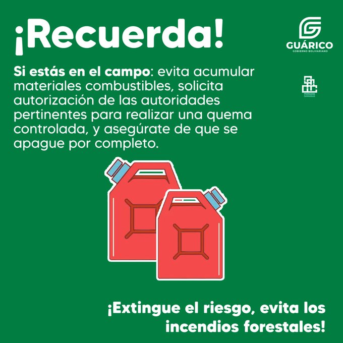 #Recuerda‼️ Los materiales combustibles son muy propensos a propagar el fuego de una forma muy descontrolada.

Solicita autorización de las autoridades y  asegúrate apagar el fuego correctamente.

#Guárico
#ManoDeHierro
#GuáricoProspectivo