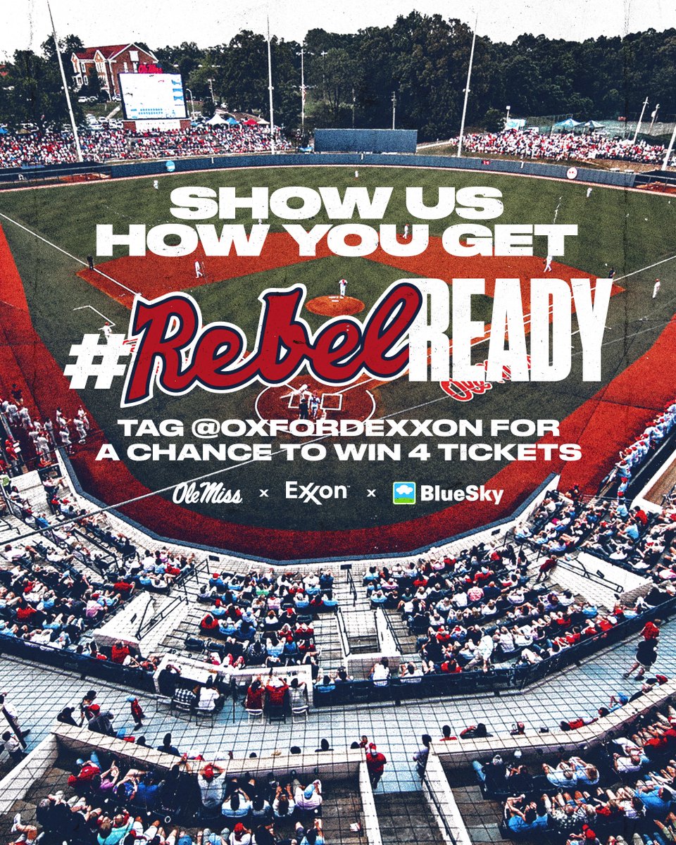 OleMissBSB's tweet photo. Don't miss your last chance to win free tickets this season! 🎟🎟🎟🎟
Tweet @OxfordExxon and use #RebelReady to show us how you gear up for a weekend at Swayze. Winner receives four box seat tickets to Saturday's series finale vs. Auburn. https://t.co/ZIfXIMpzOF