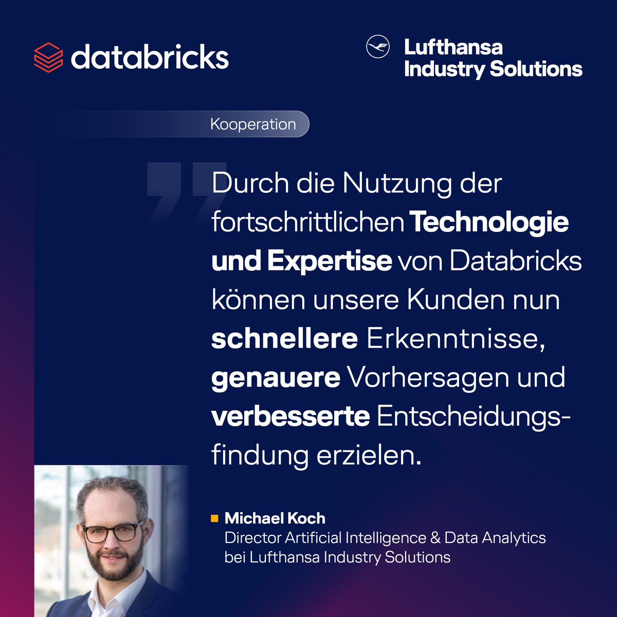 Wir freuen uns sehr über unsere strategische Partnerschaft mit der Lakehouse-Plattform <a href="/databricks/">Databricks</a> - gemeinsam können wir künftig innovative Datenmanagement- und Analyselösungen anbieten. 🙌🏼 
➡️Wie es Unternehmen dabei hilft, Innovationen zu beschleunigen: lufthansa-industry-solutions.com/de-de/newsroom…