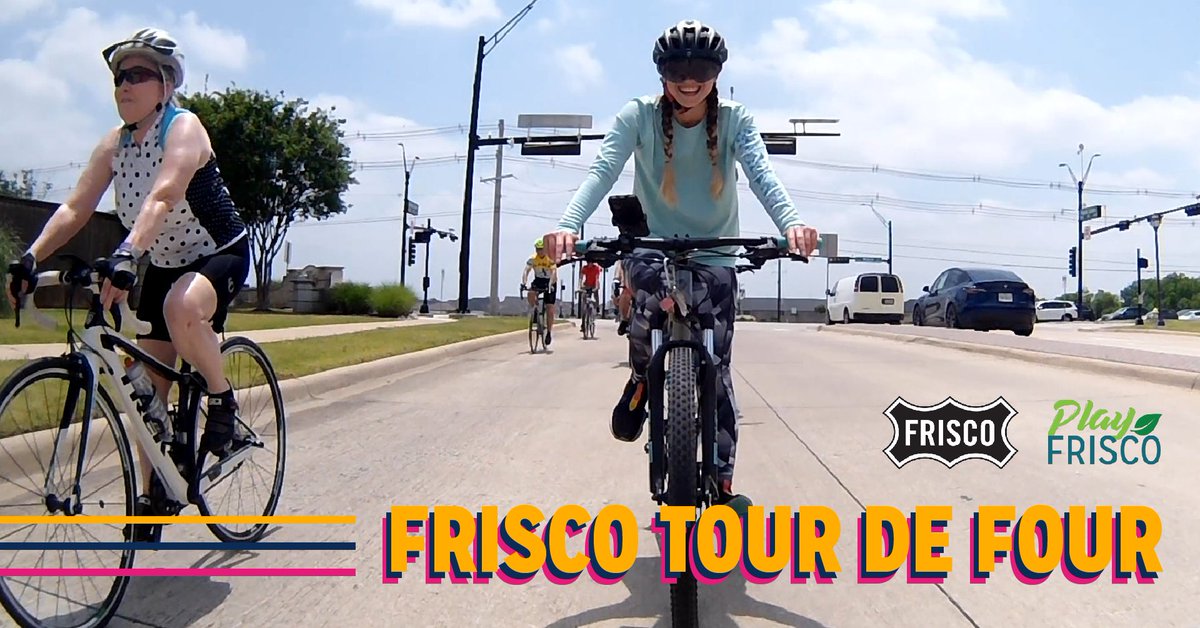PlayFrisco's tweet photo. Get ready to pedal through May with Tour de Four! Explore the city's sites on 4 rides hosted by the Frisco Bike Advisory Committee on May 6 &amp; 13. Complete 1+ rides for a Frisco Tour De Four medal🏅 and Play Frisco swag. Join us for #TourDeFour
More Info: https://t.co/UiXQTW1bi2 https://t.co/2pCwesdKKE
