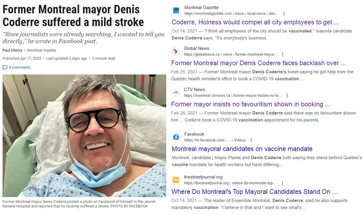 MakisMedicine's tweet photo. 59 year old former Montreal mayor Denis Coderre, who pushed illegal COVID-19 vaccine mandates for all Montreal city employees, had a stroke on Apr.15, 2023

"he started having problems with his speech &amp; his left side went numb"

Didn't get saline?

#DiedSuddenly #cdnpoli #ableg https://t.co/xTbaxlXjCw