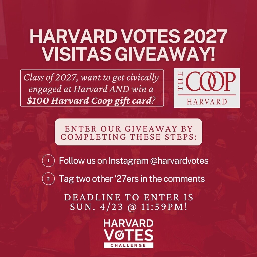 Welcome to Harvard, @harvardcollege2027! We are giving away THREE $100 Coop gift cards to celebrate you! Enter to win by following this account and tagging two other '27ers by SUNDAY, 4/23 at midnight. We can't wait to see you at Visitas!🗳