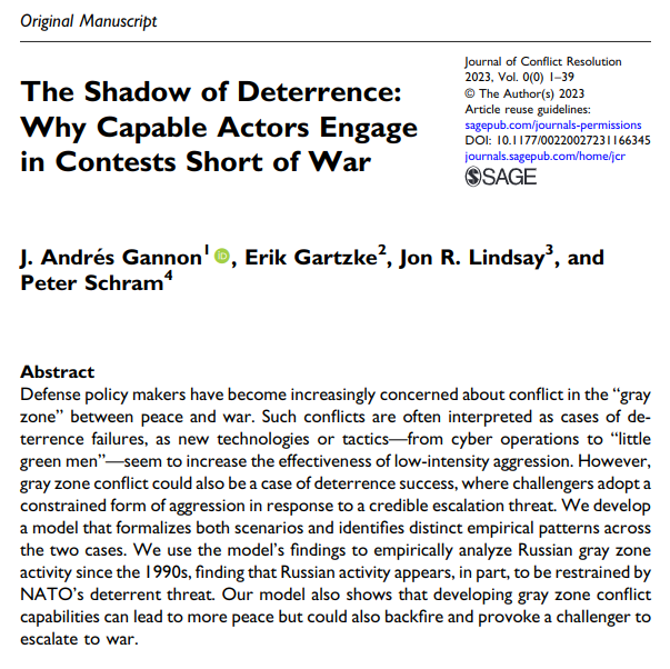 J Andres Gannon (@andresgannon) on Twitter photo What is "gray zone conflict", why does it happen, and should we be worried? My work on this with Erik Gartzke, <a href="/jonrlindsay/">Jon Lindsay</a> , and Peter Schram is now published in JCR. Gray zone conflict is neither new, nor an indication that deterrence has failed: journals.sagepub.com/doi/10.1177/00… What is "gray zone conflict", why does it happen, and should we be worried? My work on this with Erik Gartzke, <a href="/jonrlindsay/">Jon Lindsay</a> , and Peter Schram is now published in JCR. Gray zone conflict is neither new, nor an indication that deterrence has failed: journals.sagepub.com/doi/10.1177/00…