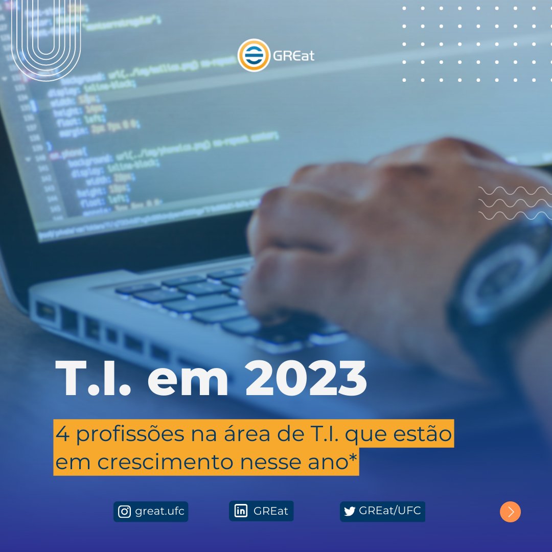 GREat_UFC's tweet photo. A área de tecnologia da informação (T.I.) a cada novo ano que passa fica e maior e mais complexa. Desse modo, novas áreas surgem ou se intensificam com isso.
Nesse carrossel mostramos algumas áreas da T.I. que podem crescer em 2023.#ti #tecnologia https://t.co/YO5YJAbP43