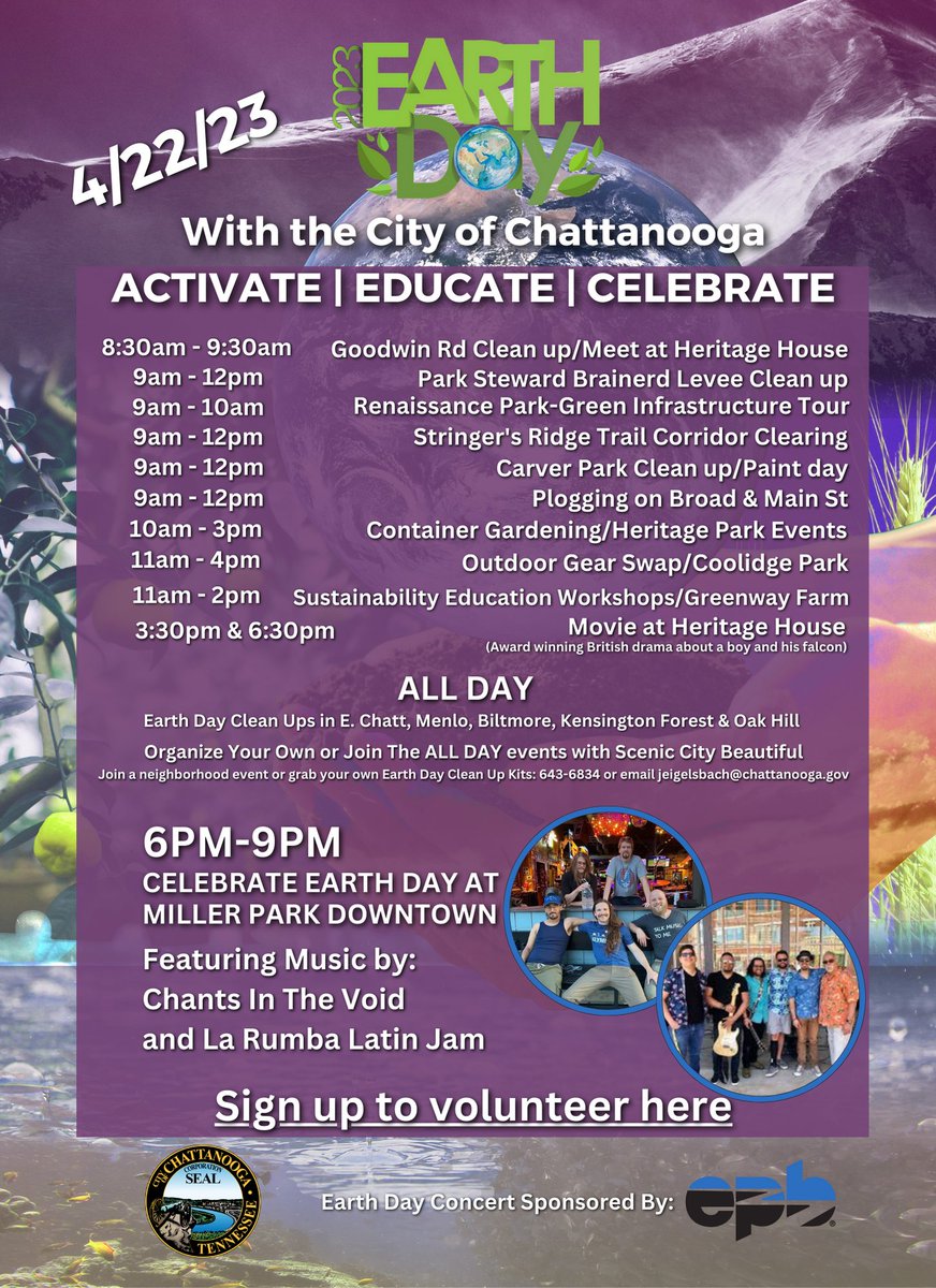 The #Earthday2023 Celebration is just around the corner. Let's work together to make the City a better place to live by reducing debris and creating a sustainable future. Volunteer opportunities at bit.ly/3GY4na7 . Events may move due to sheltered areas due to weather.
