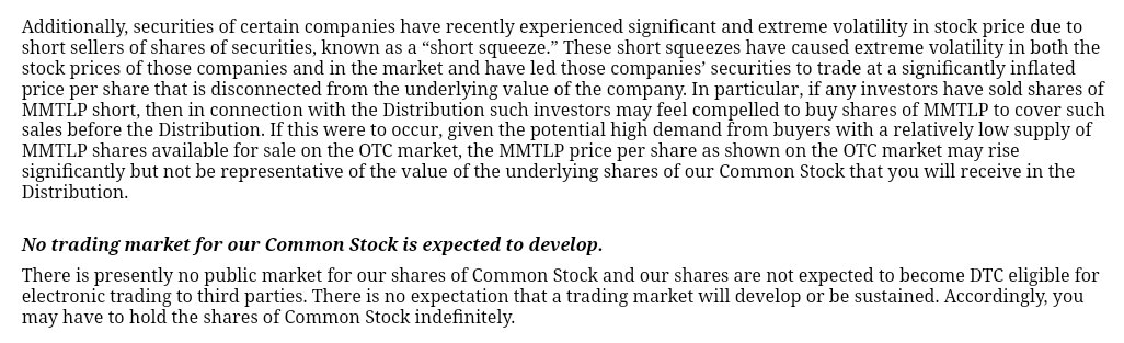 RareDealsHere's tweet photo. This excerpt is from the November 18th, Next Bridge 424B Prospectus. It points out the potential volatility in $MMTLP if shorts are compelled to close. There's NO way @FINRA didn't see it. ALSO, directly below that it says the new shares will not be DTC eligible. #MMTLPFiasco https://t.co/Q1G62ldRFE