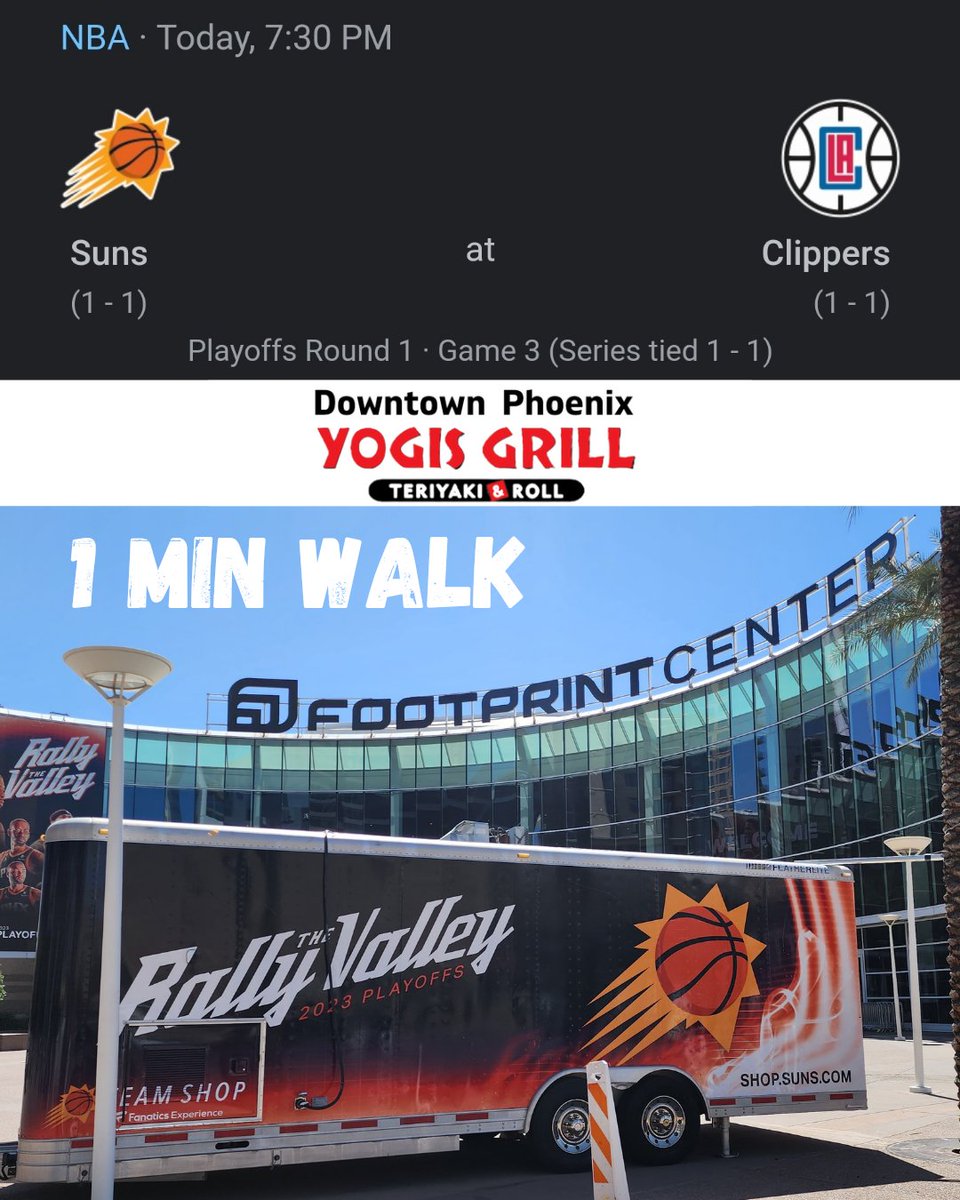Hey Phoenix Suns fans! The ROAD GAME Rally is on tonight at the Footprint Center!
#SunsVsClippers #GameRally #DowntownPhoenixyogis #YogisGrill #PhoenixSuns #NBA    #Basketball #AZSports #FootprintCenter
<a href="/cityscapephx/">CityScape Phoenix</a>
<a href="/downtownphoenix/">Downtown Phoenix</a> <a href="/suns/">Phoenix Suns</a>