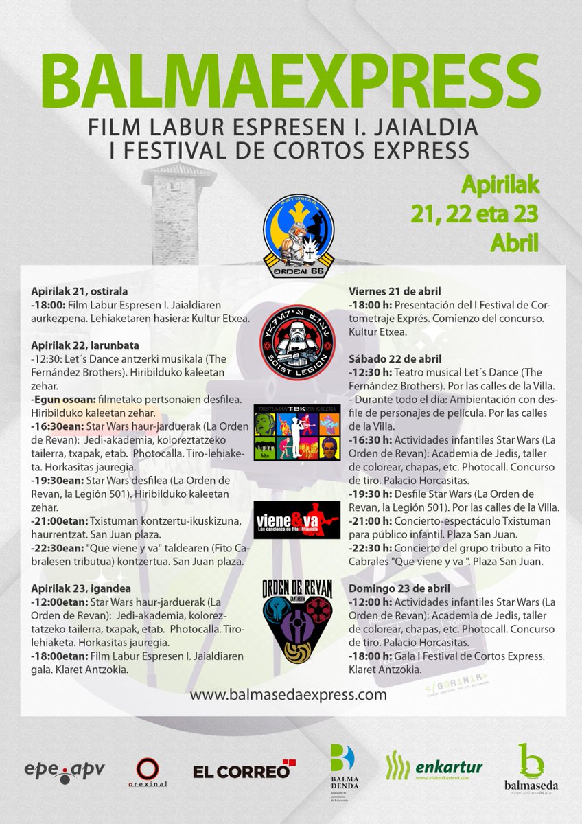 Orden66Asturias's tweet photo. Preparando todo para el I Festival de Cortos de Balmaseda (Vizcaya), Balma Express! el próximo Sábado y domingo.
Te esperamos ☺️
#orden66asturias
#OneWorldOneOrder66
#OrdenDeRevan
#maytheforcebewithyou #quelafuerzateacompañe #StarWars #Cantabria #Balmaseda #BalmaExpress https://t.co/WFIXUJXd5z