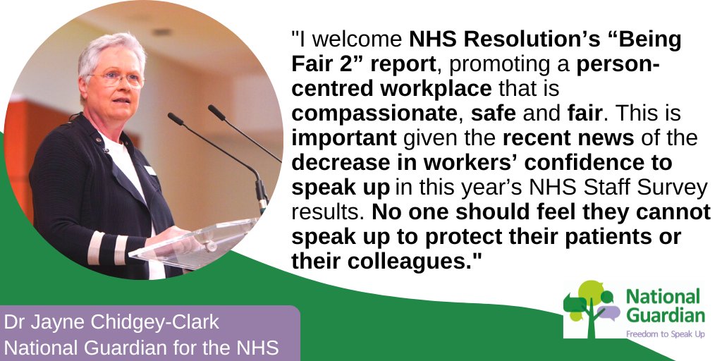 We welcome the publication of #BeingFair from @NHSResolution As highlighted in this report, ensuring effective speaking up arrangements are truly embedded and at the heart of any healthcare organisation is key to improving workplace culture. nationalguardian.org.uk/2023/04/06/res…