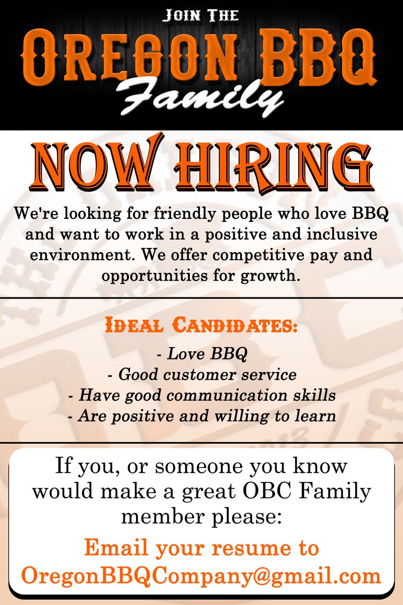 BBQOregon's tweet photo. Join the OBC Family! 

We're looking for friendly and motivated people to join our team and help us create the best BBQ experience in town. 

Check out our hiring flyer for more details and share with anyone who might be interested. Let's build a strong community together! 

#Bbq https://t.co/zMjt3qvZMZ