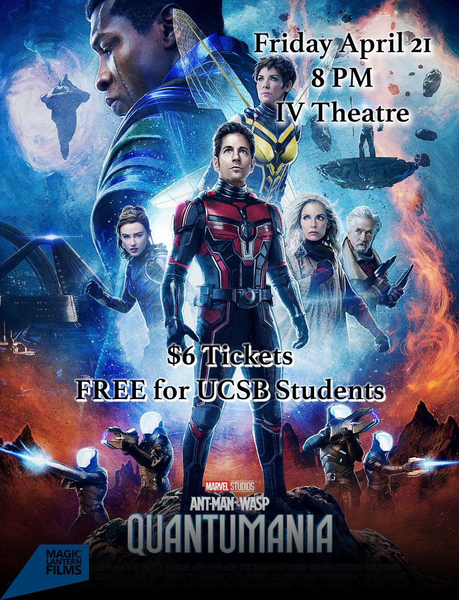 MagicLanternSB's tweet photo. Yo Gauchos!!!
Hope everyone is having a good Thursday. We'll be screening "Ant-man and the Wasp Quantumania" at IV theater tomorrow at 8pm. Come join us!!! https://t.co/1AKt4ZyfQ7