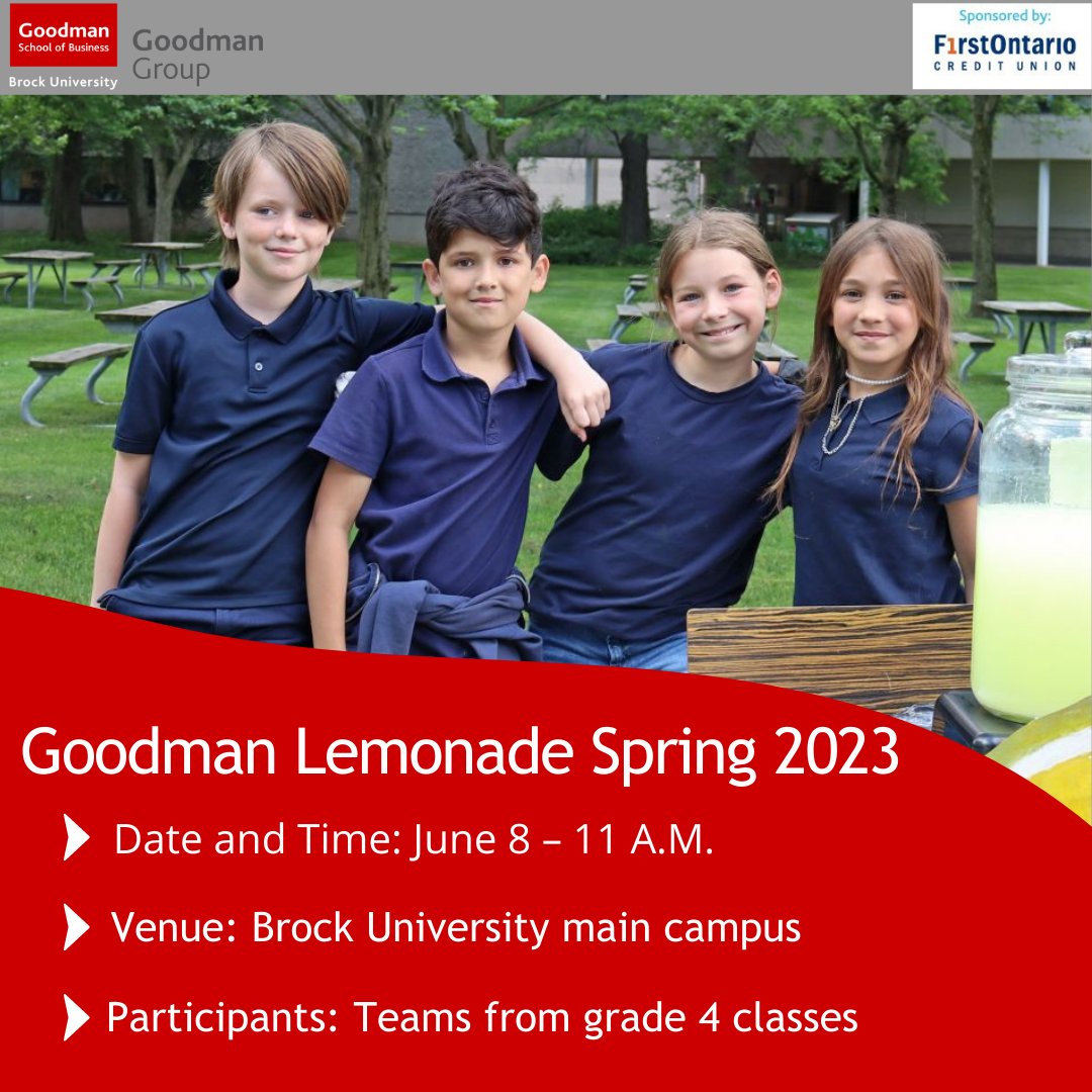 GSBGoodmanGroup's tweet photo. We are happy to announce that we’re about to kick off our annual Goodman Lemonade this Spring. Sponsored by FirstOntario Credit Union, this program will welcome grade 4 studentswho will learn about the concepts of entrepreneurship, business, and financial literacy. https://t.co/QYyCCDQHOG